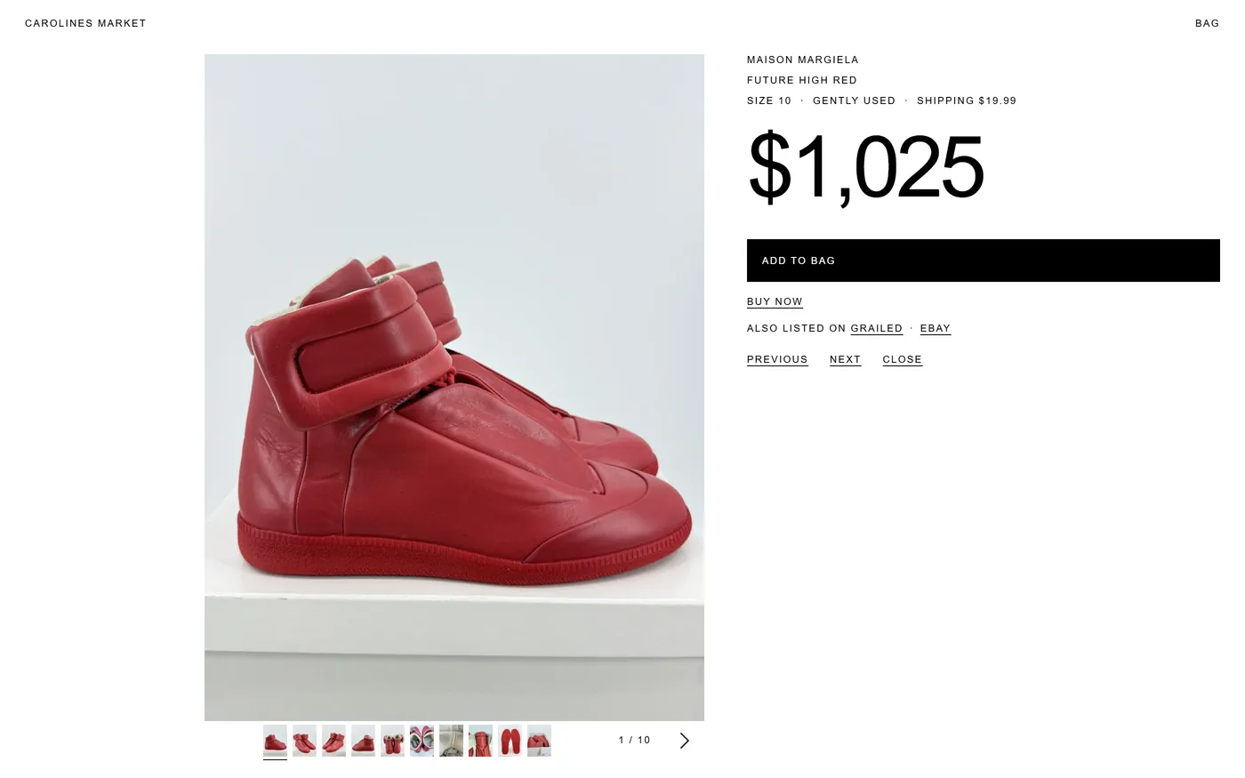 Carolines Market concept store with one piece open: a large photo of red high-top sneakers, a row of ten photo thumbnails, the price and an Add to bag button