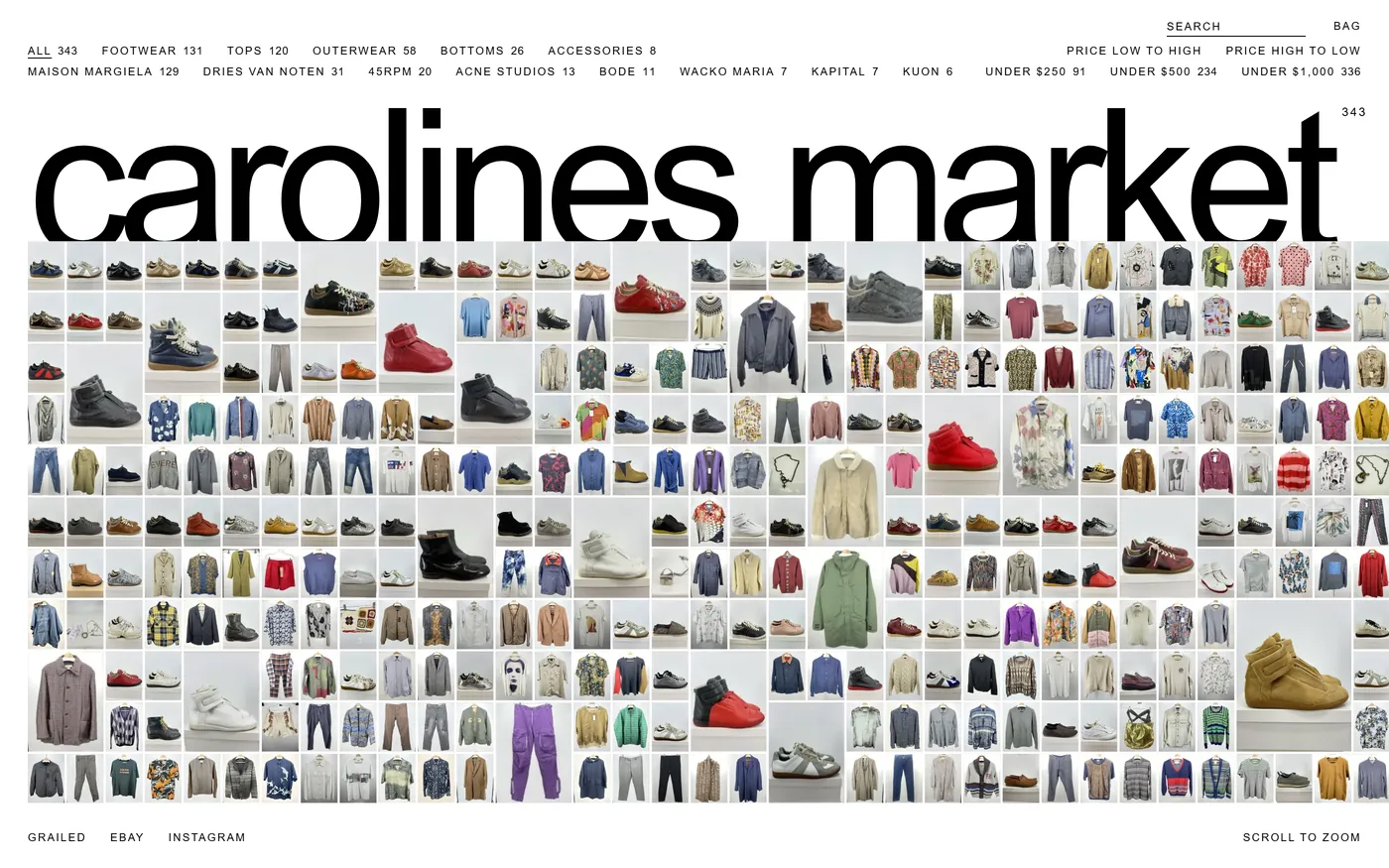 Carolines Market concept store, home view: the whole stock of 343 pieces on one wall, with the store name painted across the top and the filters above it