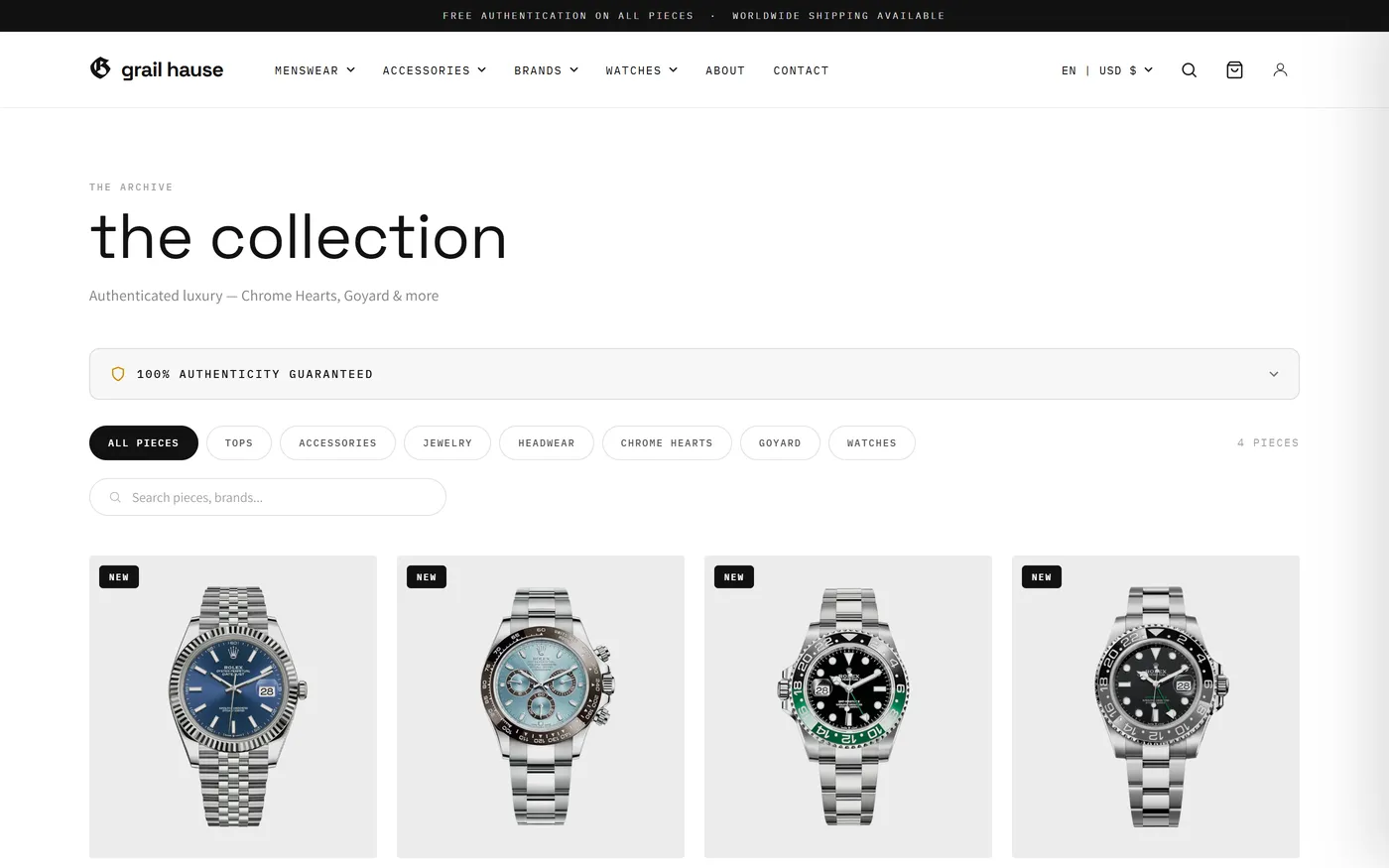 Grail Hause collection page filtered to Rolex, showing four watch listings