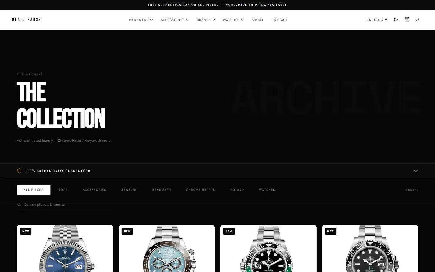 Grail Hause collection page filtered to Rolex, showing four watch listings