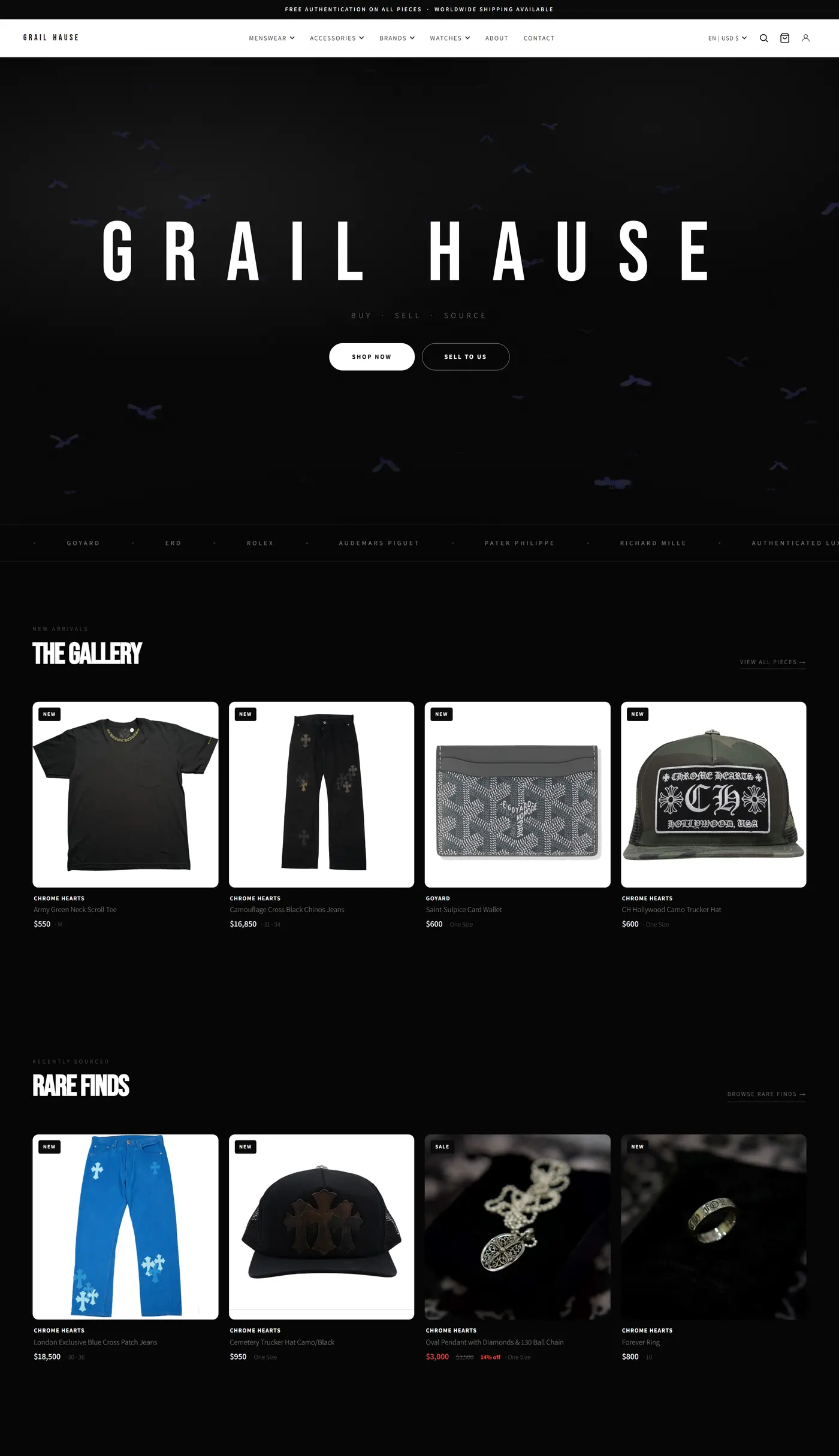 The Grail Hause homepage: a dark luxury resale storefront with product galleries, built by GetWebz