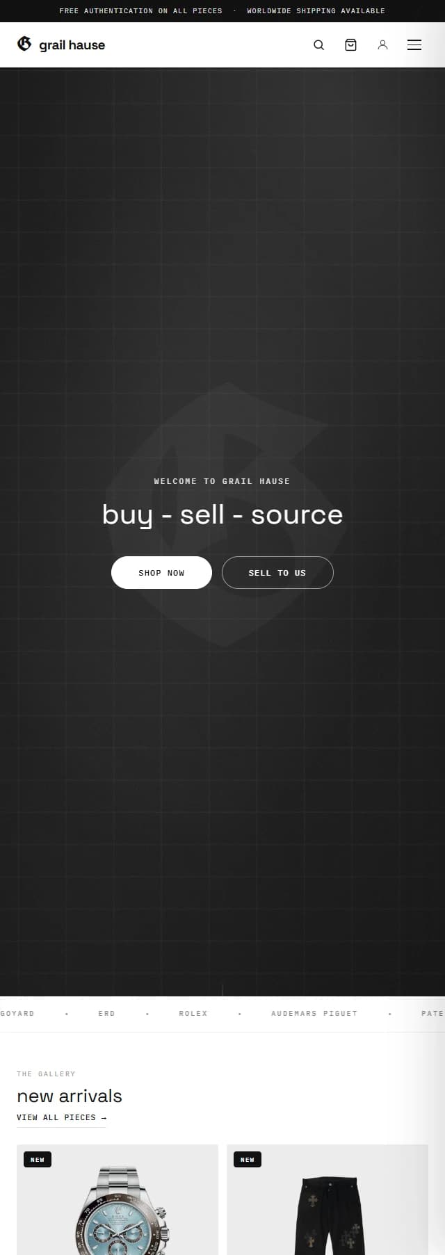 Grail Hause on a phone: the homepage hero, the brand strip and the product gallery