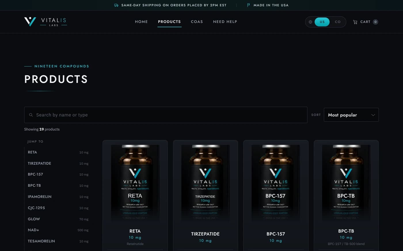 Vitalis Labs products page: a searchable grid of research peptide vials with a United States and Colombia price switch