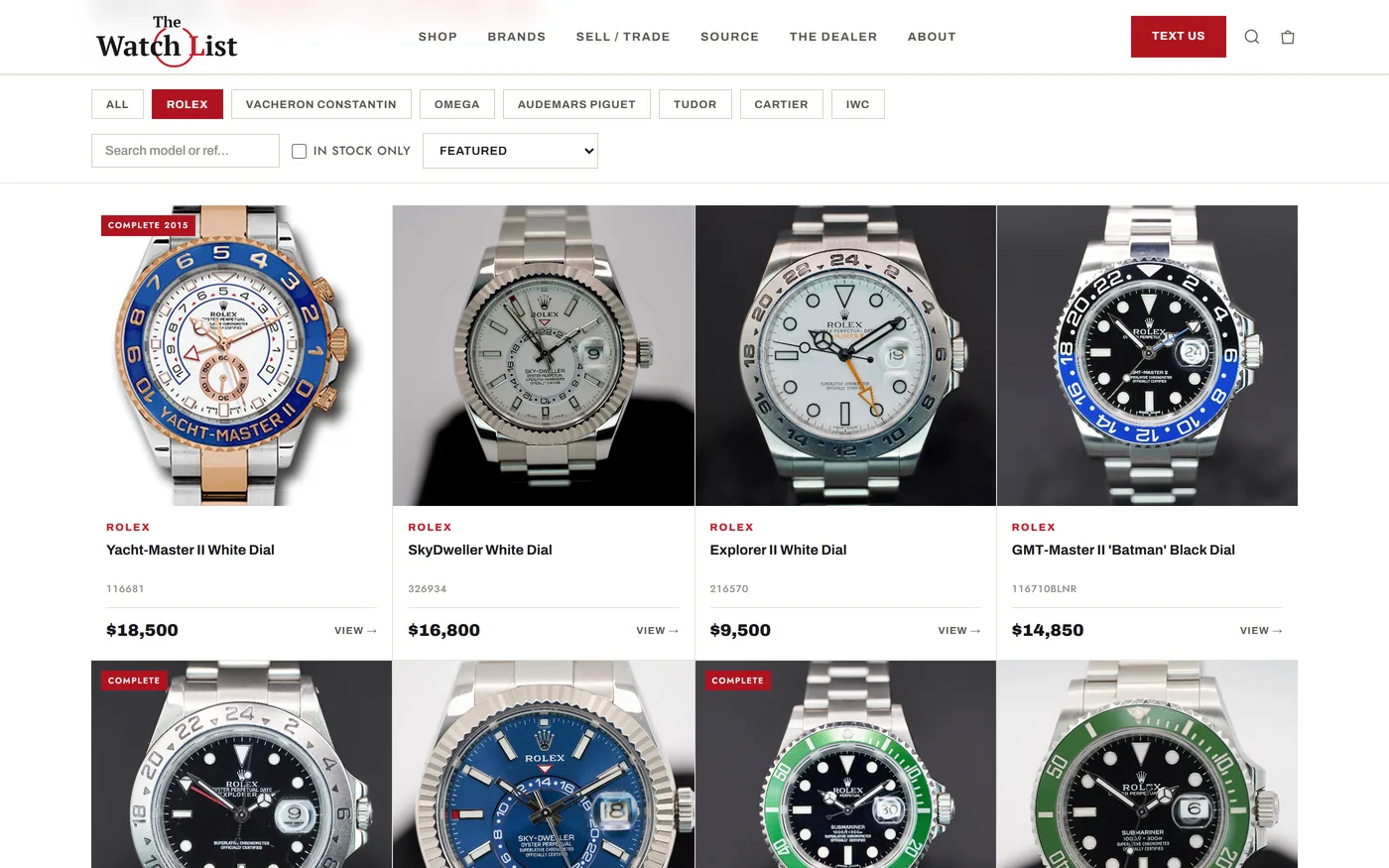 The Watch List redesign concept, shop page with the Rolex filter on: the Rolex button highlighted and a grid of Rolex watches with reference numbers and prices